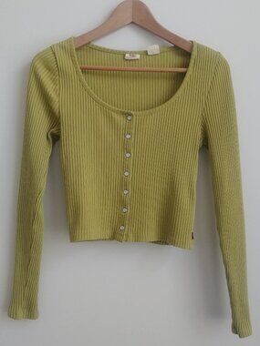 Levi's cotton ribbed fitted pearl snap cardigan top shirt pea green Small